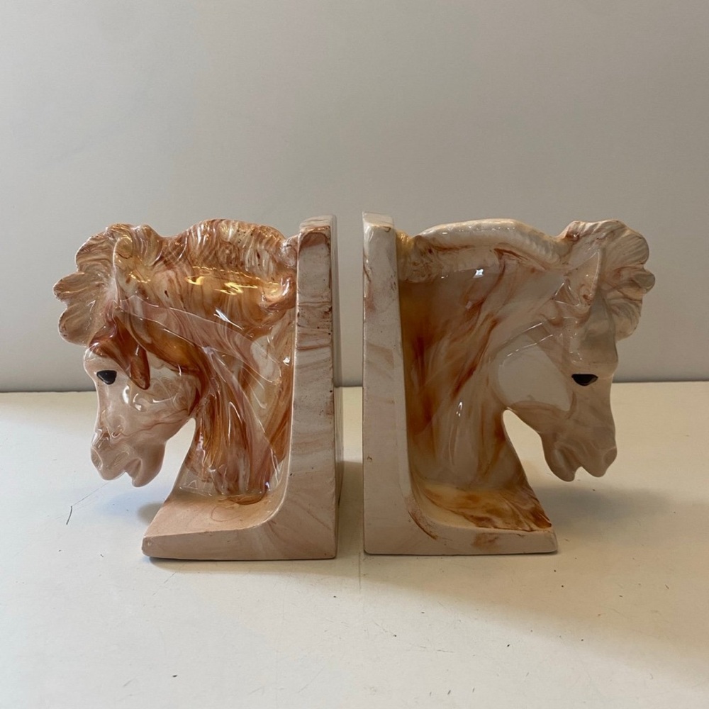 Vintage Montana Clay Swirled 6" Horse Bookends Brown Rust Ivory